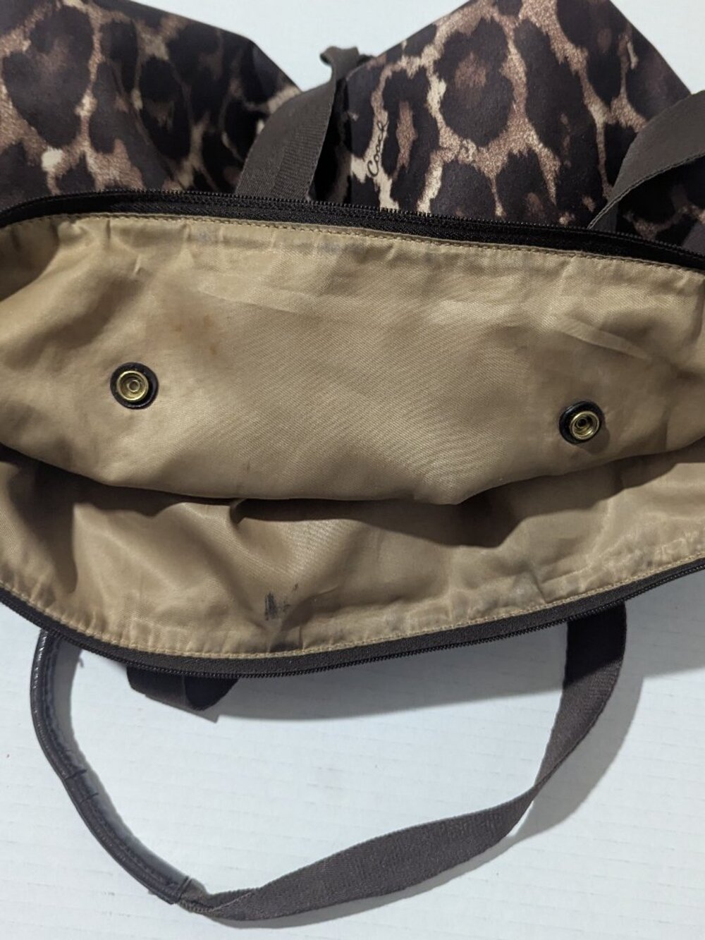 Coach Leopard Print Nylon Weekender Tote Bag Travel Carryall Zip Top NO Pouch - Picture 8 of 10